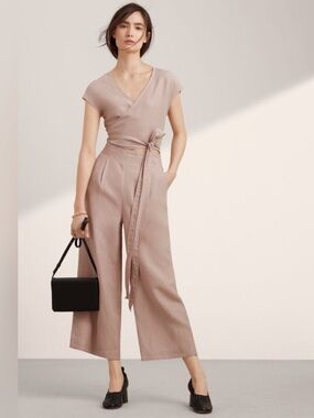NWT Wilfred Brax Linen Blend Jumpsuit Romper Cutout Wrap Style Tie Up Front
